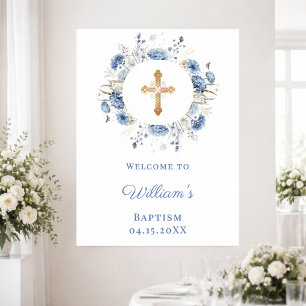 Affiche Couronne de fleurs bleues garçon Baptême bienvenue