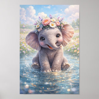 Affiche Couronne de fleurs d'éléphant de bébé mignon Éclab