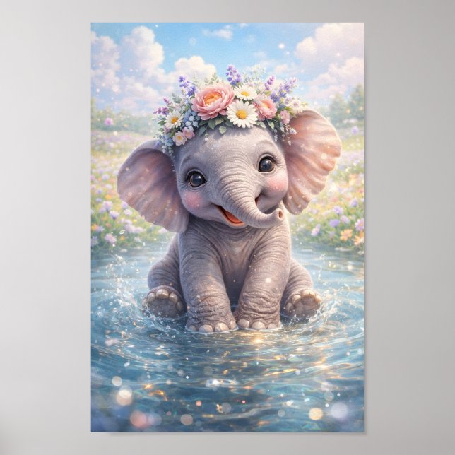 Affiche Couronne de fleurs d'éléphant de bébé mignon Éclab (Devant)