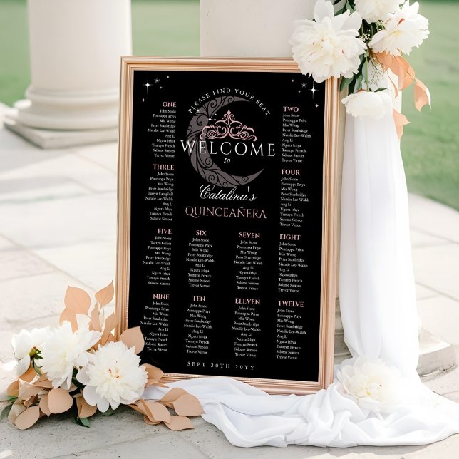 Affiche Couronne de Lune et Étoiles Noir Plan de Table Qui (Moon Stars Tiara Black Quinceañera Seating Chart)