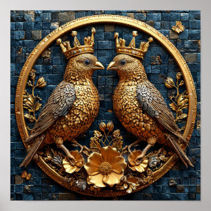 Affiche Couronne de mosaïque d'oiseaux dorés Art de luxe é