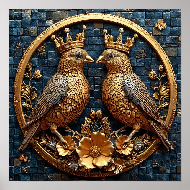 Affiche Couronne de mosaïque d'oiseaux dorés Art de luxe é (Devant)