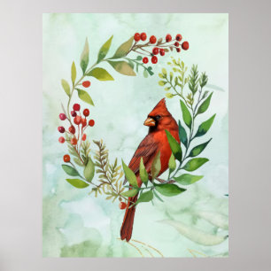Affiche Couronne de Noël à l'oiseau cardinal rouge aquarel