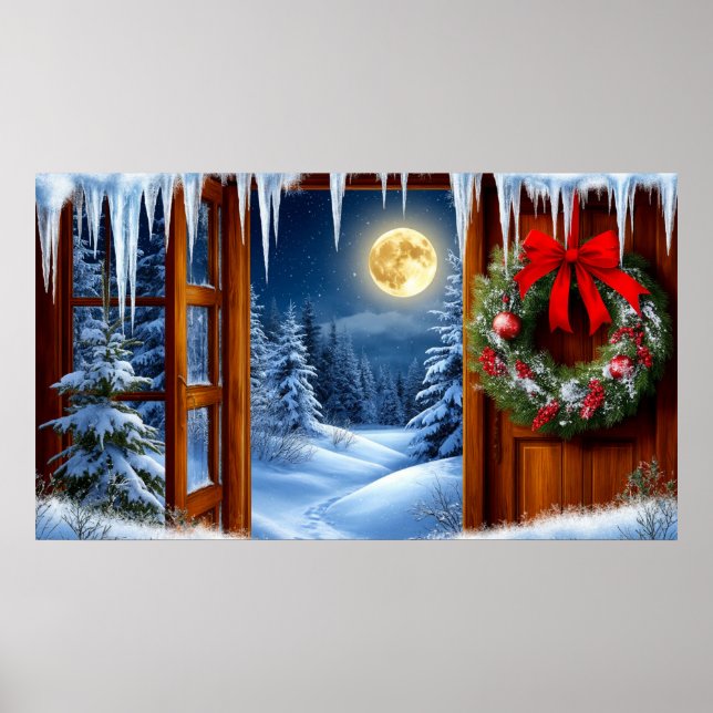 Affiche Couronne de Noël 🌲 Forêt enneigée au clair de lun (Devant)