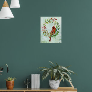 Affiche Couronne de Noël oiseau cardinal rouge aquarelle