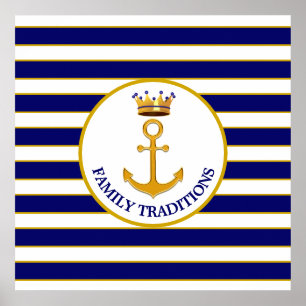 Affiche Couronne et ancre dorée sur fond bleu et blanc