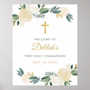 Affiche Couronne florale de première communion Bienvenue