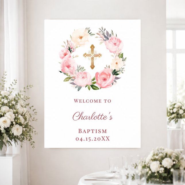 Affiche Couronne florale rose Bienvenue au baptême (Créateur téléchargé)