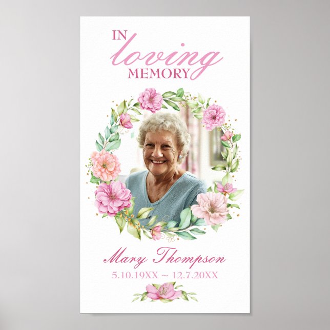 Affiche Couronne florale rose en souvenir Photo funéraire (Devant)