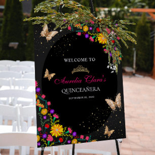 Affiche Couronne papillon en or noir floral Mis Quinceañer