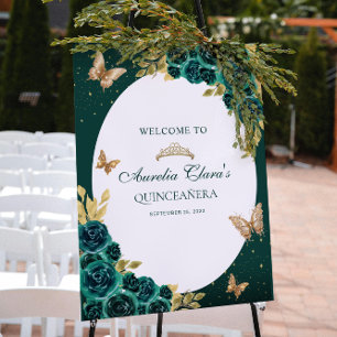 Affiche Couronne papillon en or vert floral Quinceañera