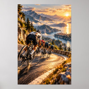 Affiche Course cycliste de montagne au coucher du soleil –