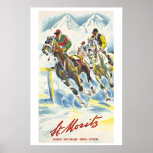 Affiche Courses de chevaux St Moritz Suisse Sport Vintage