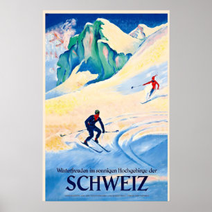 Affiche Courses de ski, plaisir d'hiver dans les hautes mo