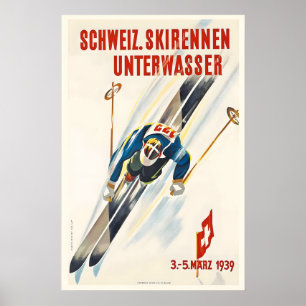 Affiche Courses de Ski St. Gallen Suisse Ski Vintage