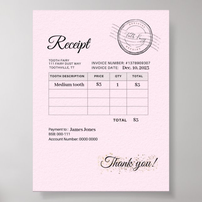 Affiche Coussin officiel Seal Dents Fairy Reçu argent (Devant)