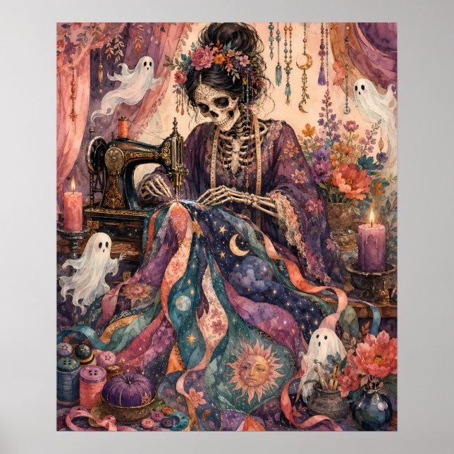Affiche Couturière Squelette Gothique Brodant un Céleste (Devant)