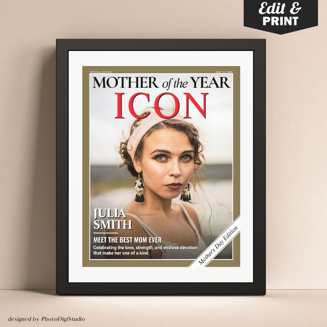 Affiche Couverture de la journée des mères personnalisées, (Custom Mothers Day Magazine Cover, Mother of the Year Gift for Mom Poster)
