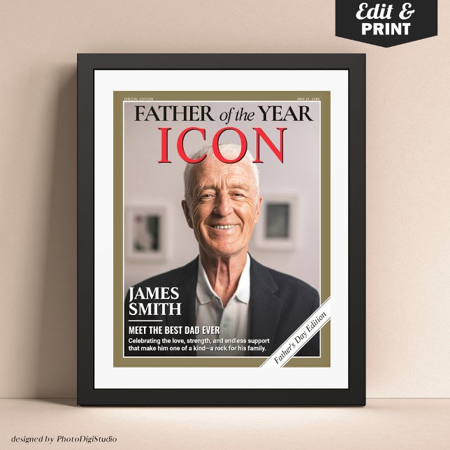 Affiche Couverture de magazine de Fête des pères personnal (Custom Fathers Day Magazine Cover, Father of the Year Gift for Dad Poster)
