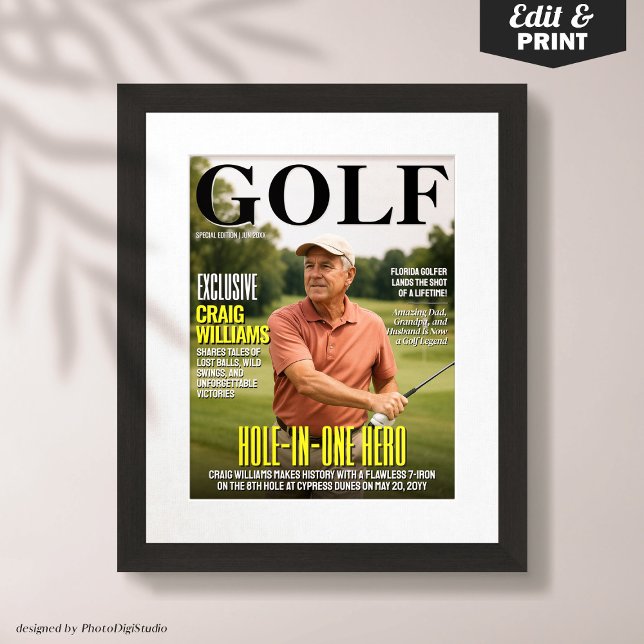 Affiche Couverture de magazine de golf, cadeau de golf amu (Golf Magazine Cover, Fun Golf Gift for Hole in One Poster)