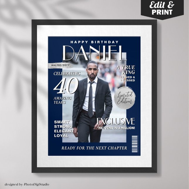 Affiche Couverture de magazine personnalisée, Portrait d'a (Custom Magazine Cover, Modern Birthday Portrait Poster Navy SIlver Birthday Gift for Him)