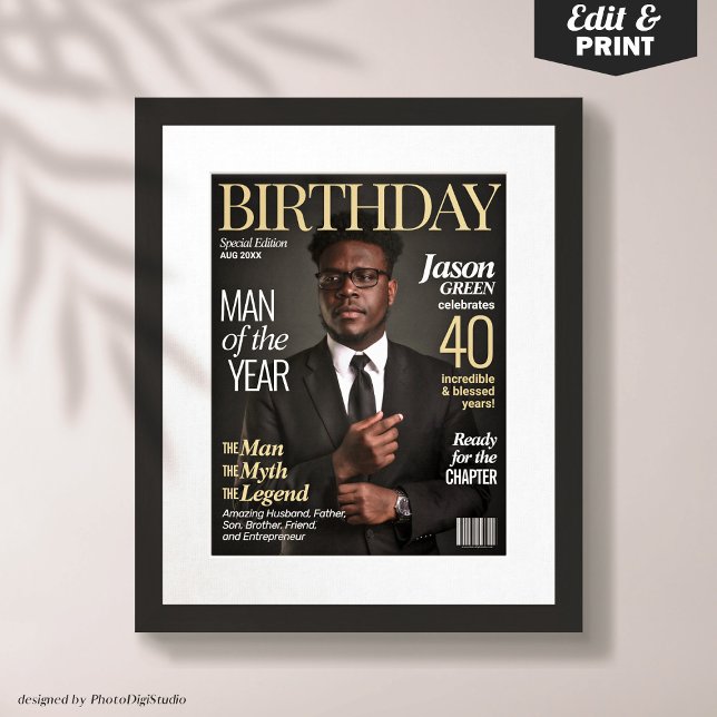 Affiche Couverture de magazine personnalisée pour lui Post (Custom Magazine Cover for Him Men Birthday Poster)
