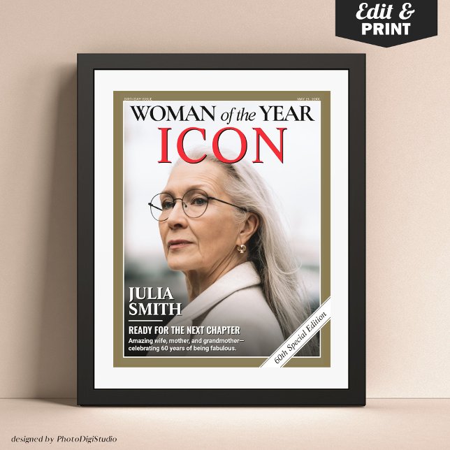 Affiche Couverture du magazine d'anniversaire sur mesure,  (Custom Birthday Magazine Cover, Woman of the Year Woman Portrait Poster)