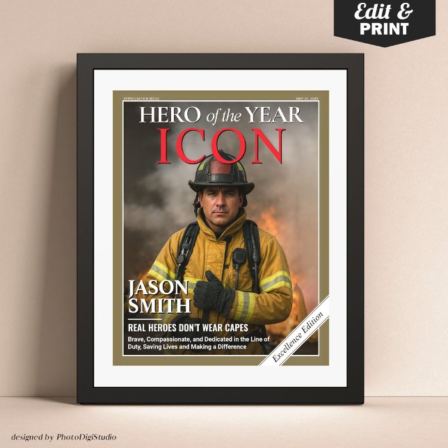 Affiche Couverture du magazine Fireman de pompier personna (First Responder Gift Idea, Firemen Policemen Paramedic Gift, Custom Magazine Cover Poster)