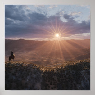 Affiche Cow-boy à cheval au coucher du soleil, désert occi