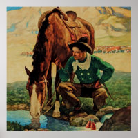 Cow-boy abreuvant son cheval par NC Wyeth