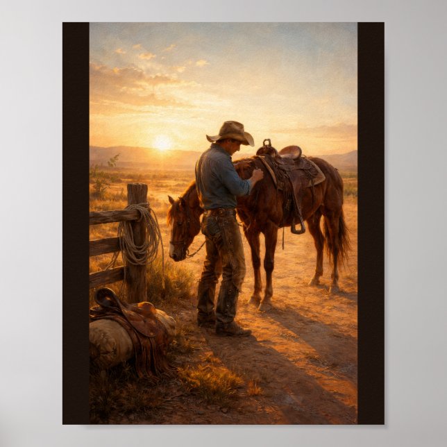 Affiche Cow-boy ajustant sa selle au lever du soleil (Devant)