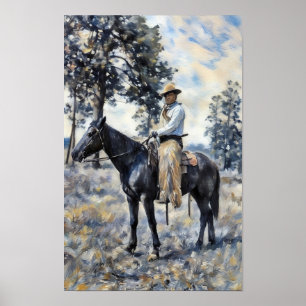 Affiche cow-boy assis sur un cheval peinture d'art occiden