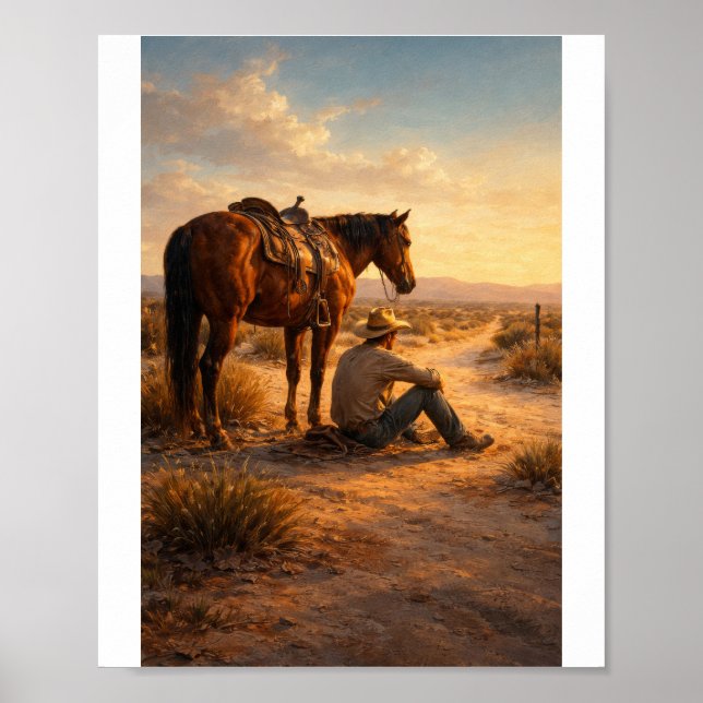 Affiche Cow-boy et cheval au coucher du soleil (Devant)