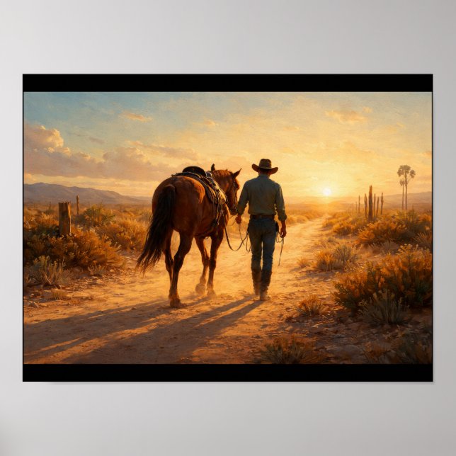 Affiche Cow-boy solitaire marchant à côté de son cheval (Devant)
