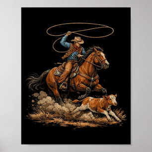 Affiche Cow-boy Vintage qui Attrape un Veau Rodeo Country 