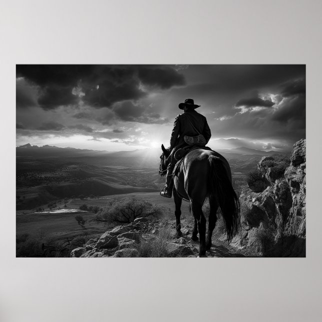 Affiche Cowboy à cheval au coucher du soleil (Devant)