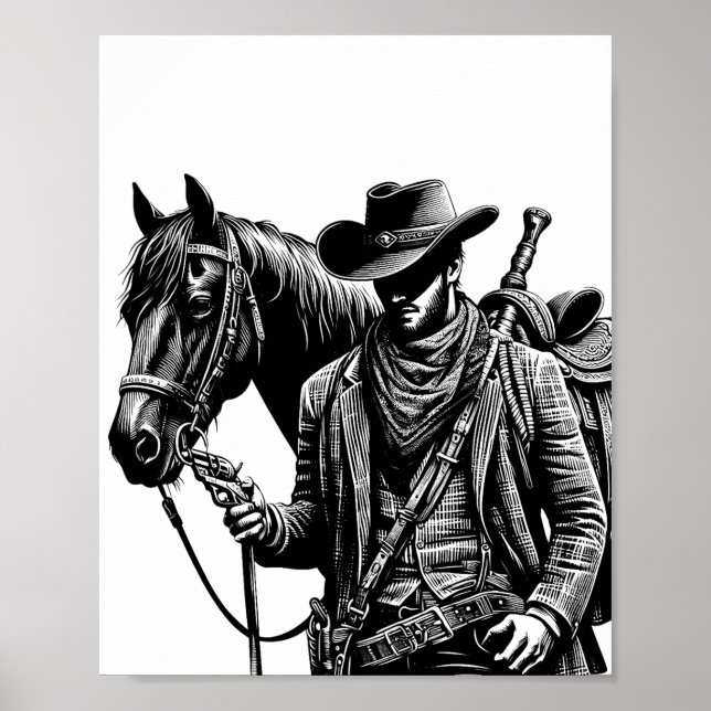 Affiche Cowboy à cheval illustration de l'art occidental (Devant)