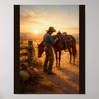 Affiche Cowboy adjusting saddle at sunrise