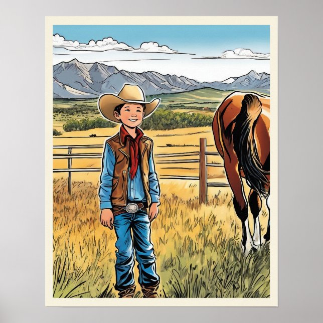 Affiche Cowboy Cattle Ranch Young Boy Graphic Art (Devant)