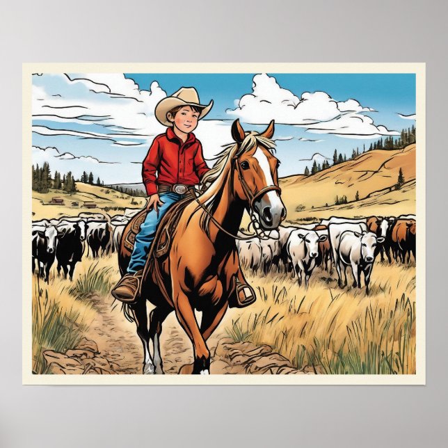 Affiche Cowboy Cattle Rancher Boy's Bedroom Art graphique (Devant)