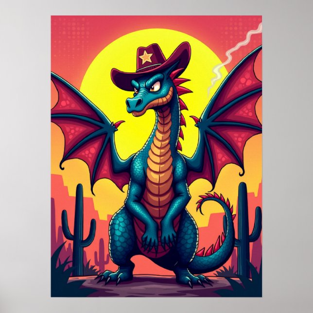 Affiche Cowboy Dragon Showdown - Funny Pop Art Imaginaire (Devant)
