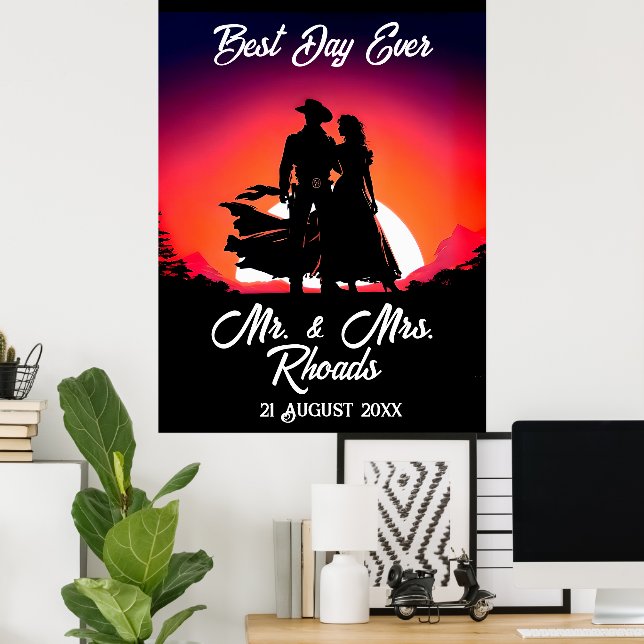 Affiche Cowboy et mariée au Mariage Sundown (Bureau à domicile)