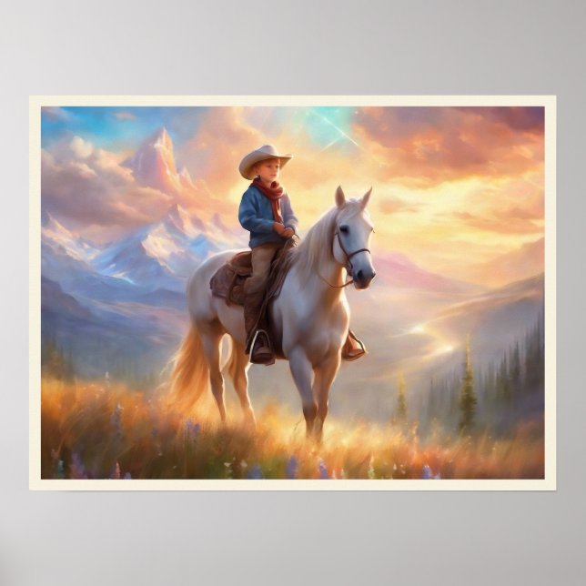 Affiche Cowboy Mountaintop Sunrise Boy's Bedroom Art (Devant)