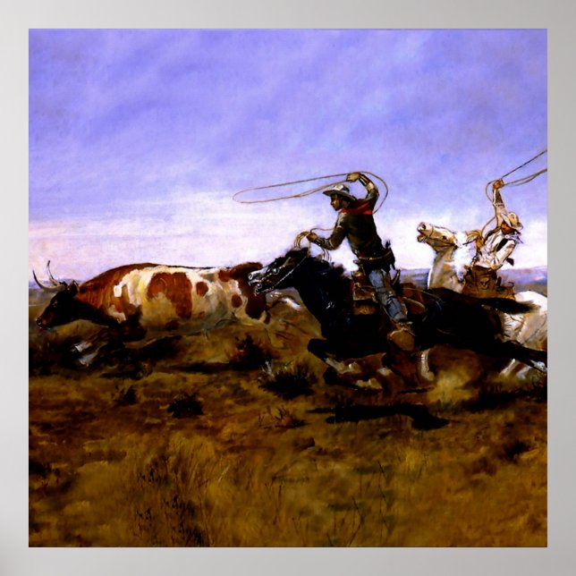 Affiche "Cowboys Roping a Steer" par Charles M Russell (Devant)