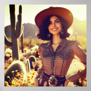 Affiche Cowgirl brune en chapeau de cowboy dans le désert