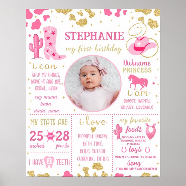 Affiche Cowgirl First Birthday Milestone sign (1074) (Devant)