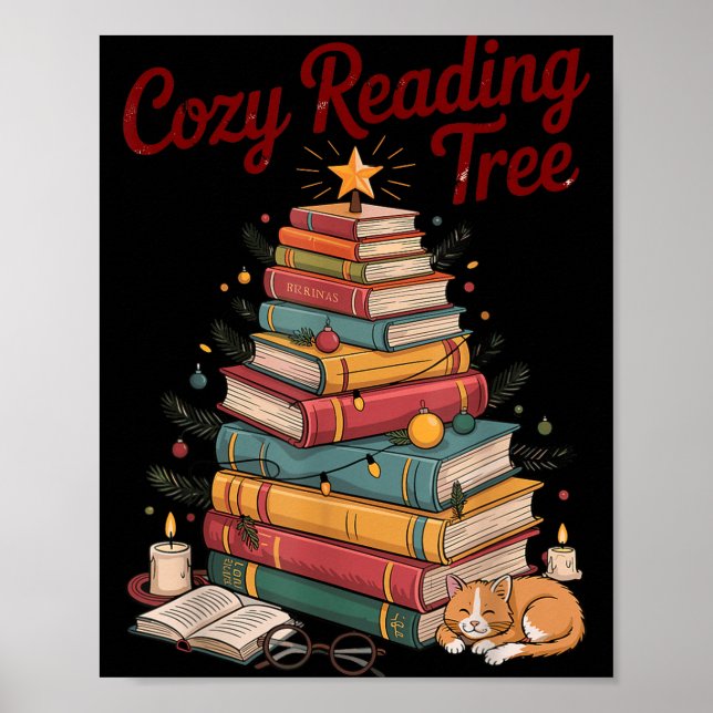 Affiche Cozy Christmas Reading Tree Cat Candle Stack Booki (Devant)