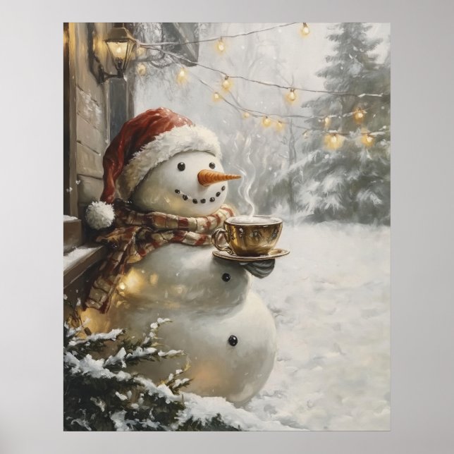 Affiche Cozy Snowman with Coffee Christmas Wall Art  (Devant)