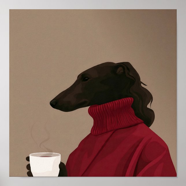 Affiche Cozy Whippet Drinking Coffee - Minimalist Dog  (Devant)