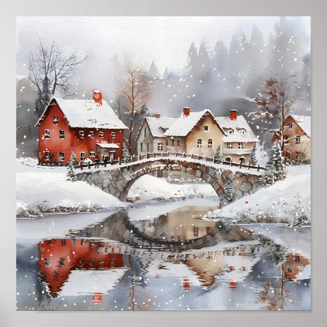 Affiche Cozy Winter Village Bridge Watercolor Christmas (Devant)